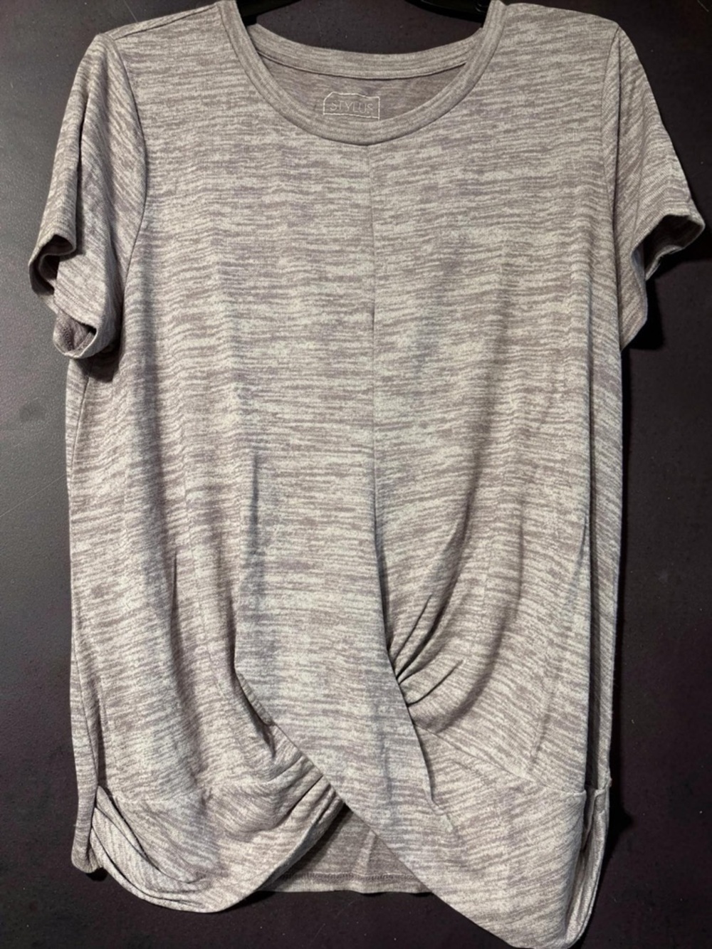 STYLUS Heather Gray Twist-Front Short Sleeve Top
